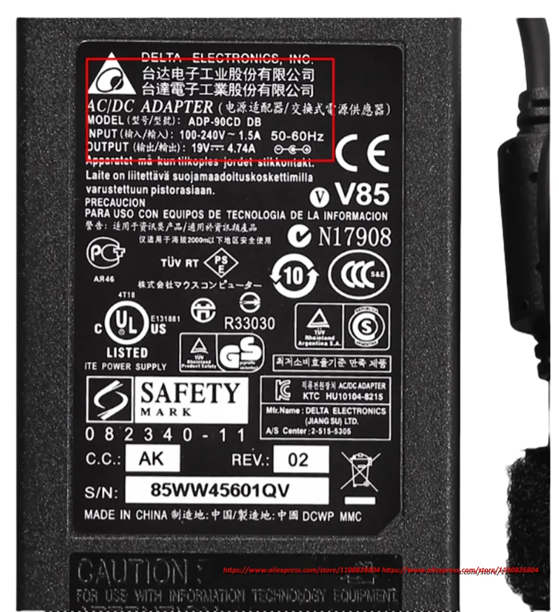 For Hasee 90W Laptop Charger Genuine Delta 19V 4.74A 90W 4.0x1.7mm ADP-90CD DB Power Supply AC Adapter