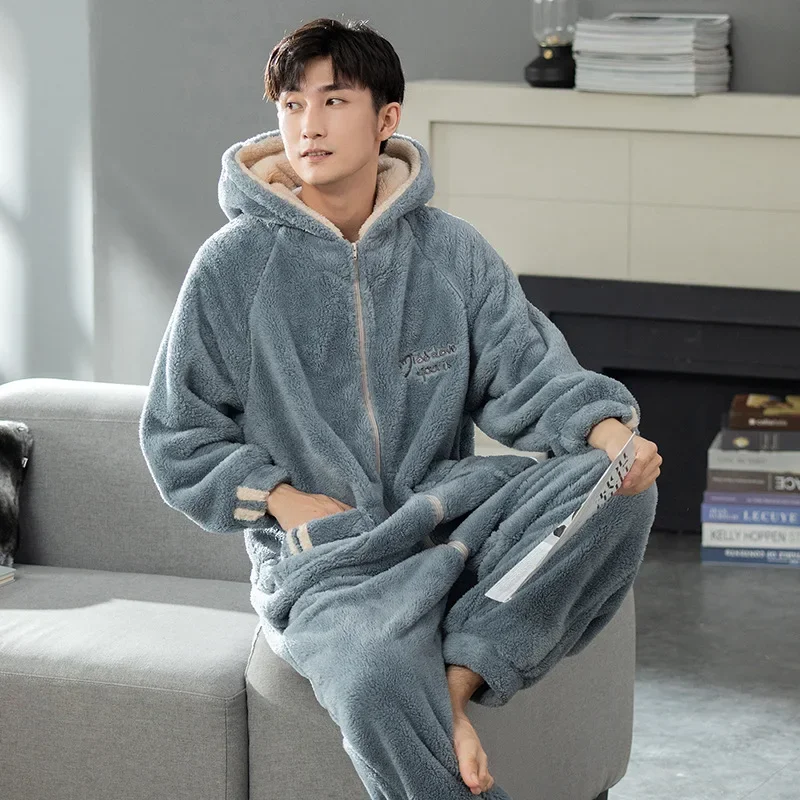 Fall and Winter One-piece Pajamas Plush Pajamas  Long Sleeve Zipper Hooded Jumpsuits Thick Home Warm One-piece Clothes for Male