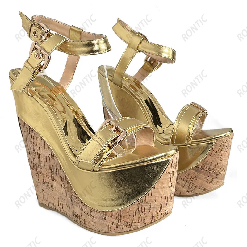 Rontic Handmade Women Gladiator Platform Slingback Sandals Wedges Heels Round Toe Gorgeous Gold Party Shoes US Plus Size 4-15