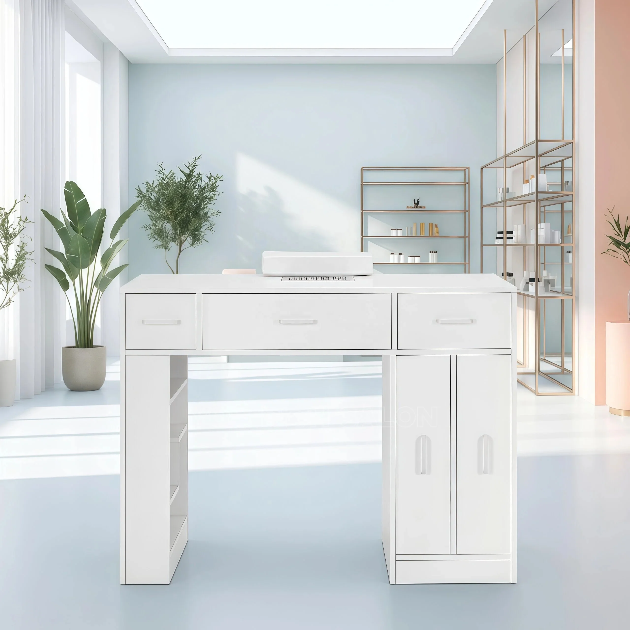 Modern Solid Wood Built-in Dust Collector Nail Desk Large Storage Manicure Station Embedded Salon Nail Table Beauty Nail Art Use