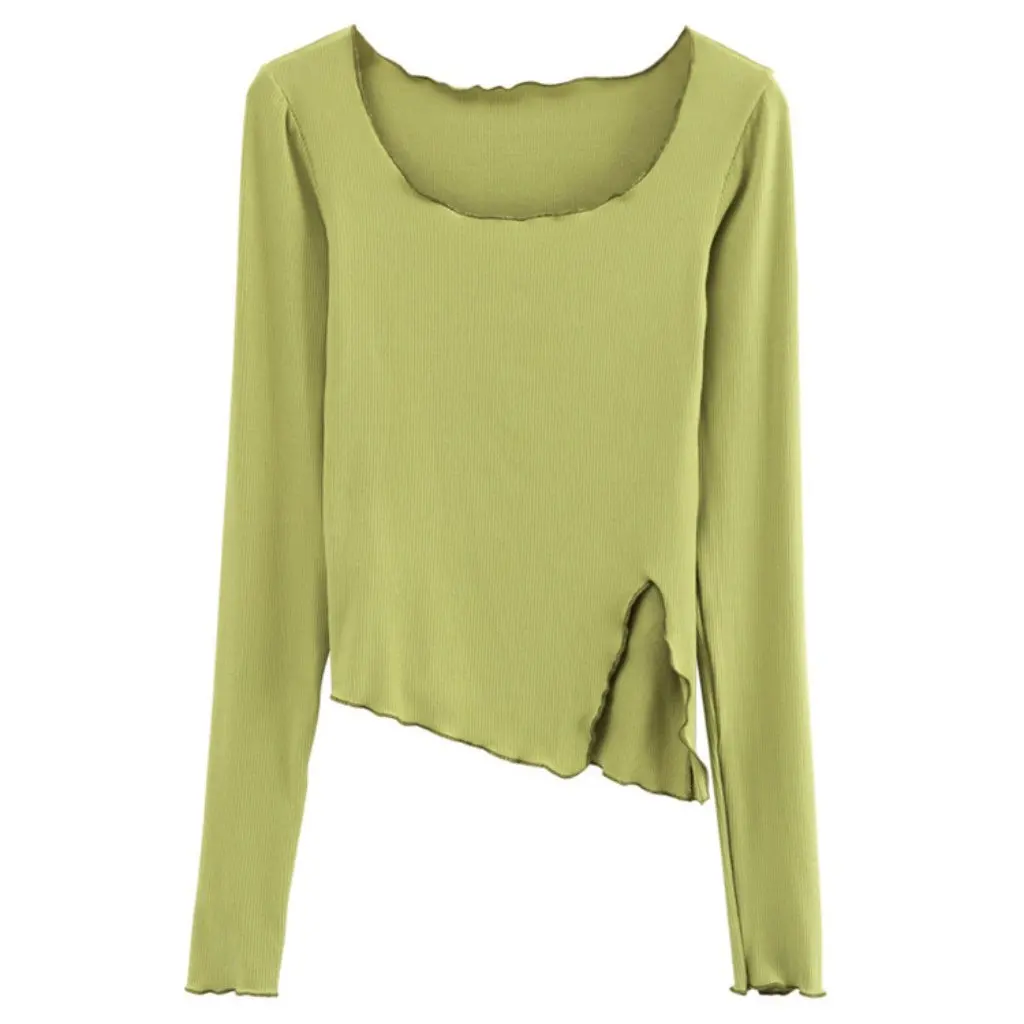 

YPFF женская футболка с длинными рукавами и круглым вырезом нестандартной формы, однотонная, приталенная, с краями ушей, модный топ для повседневной одежды