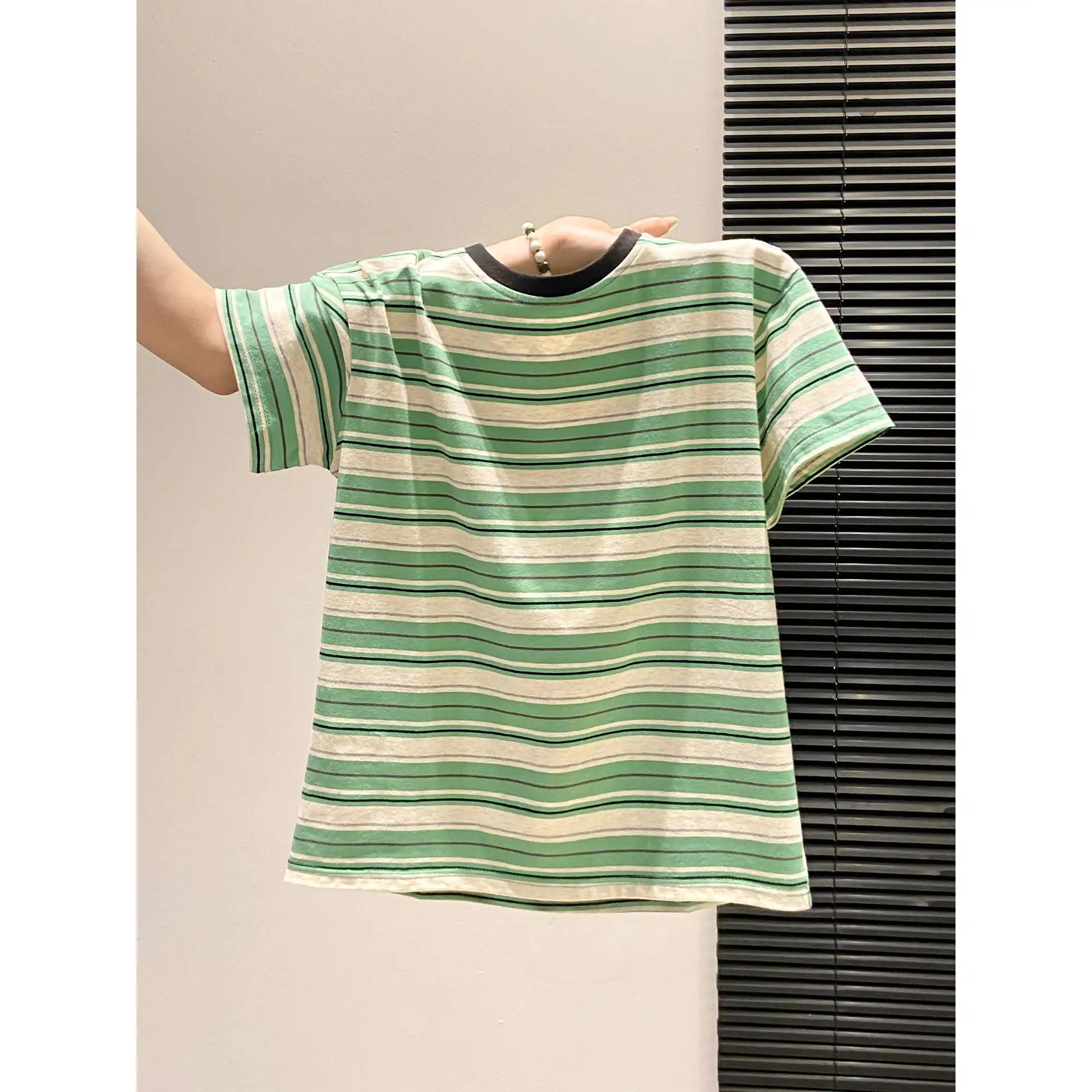 Dopamine Color Block Striped Short Sleeve Women's Casual Loose T-Shirt Base Shirt Korean Fashion Top Comfortable Cotton Tee