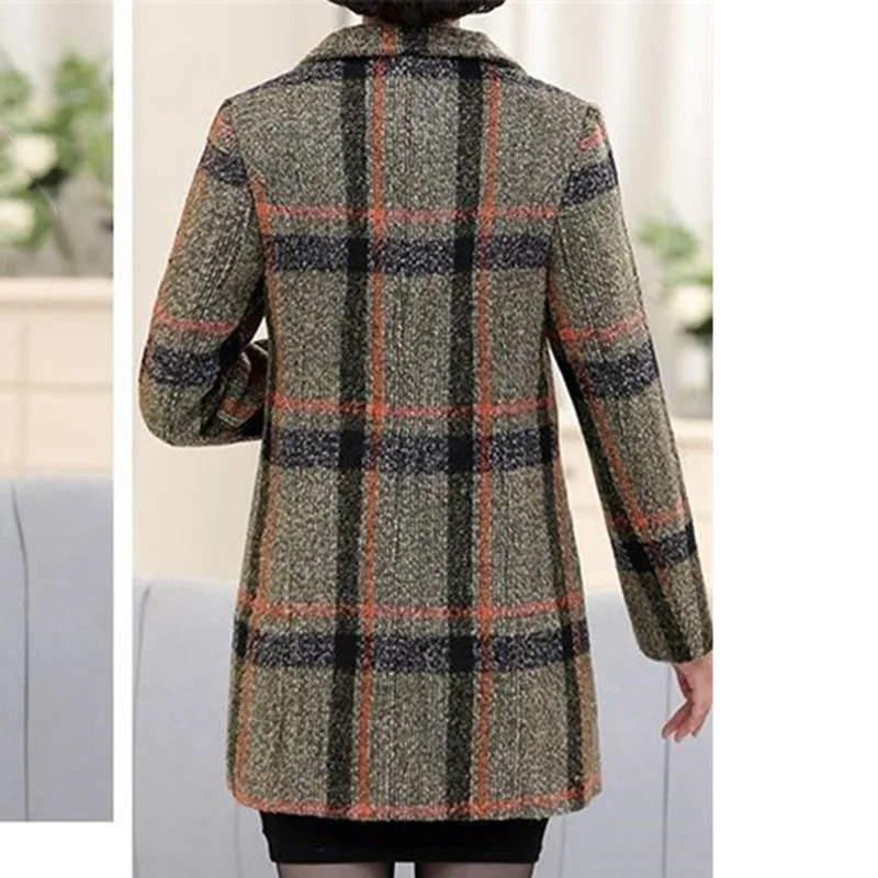 

Autumn Female Patchwork Wool Tops Coat Korean Ladies High End Grid Woolen Outwear Middle Aged Mother Large Size 5XL Blend Jacket