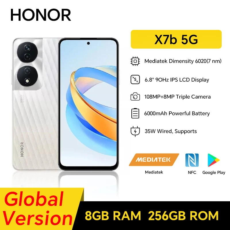 HONOR X7b 5G, 8GB+256GB, 6.8” Screen, Dual SIM, 108MP+8MP Triple Camera, Fast Charging, Android Phone