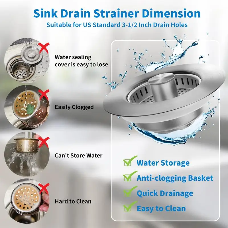 3-in-1 Stainless Steel Kitchen Sink Strainer - Pop-Up Stopper with Anti-Clogging Basket and Odor Filter, Easy Clean Drain Strain