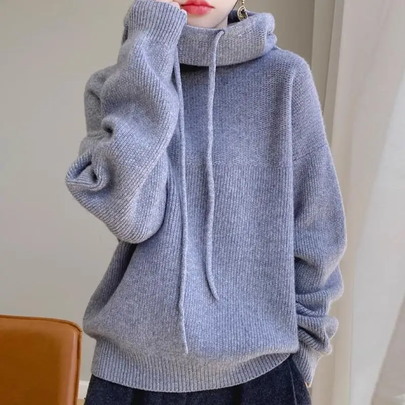 Autumn Winter Women's Hooded Thick Knitting Pullover Hoodie Drawstring Knitwear Top Autumn Winter Office Lady Jumper