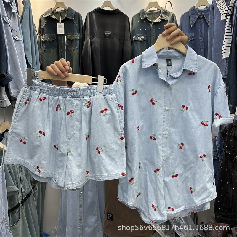 Summer Woman Cherry Embroidered Denim Shirt Jeans Blouses Cowboy Short Sleeve Tops + High Waist Wide Legs Shorts 2Pcs Set 2025