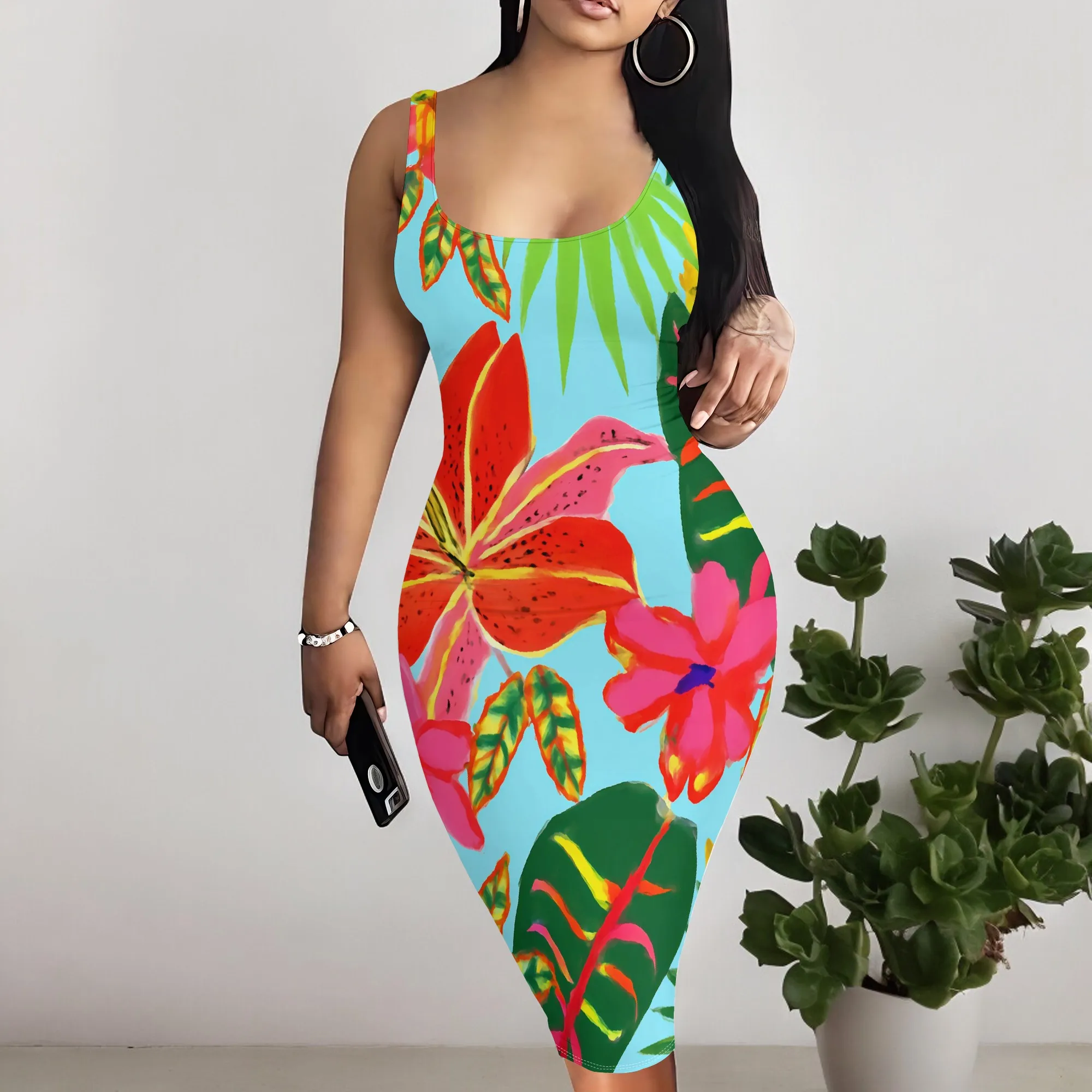

Women's Summer Tropical Print Bodycon Dress Sexy Sleeveless Beach Party Dress S-3XL