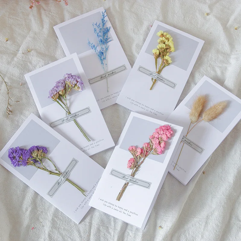 

5PCS Creative Dried Flower Greeting Card Diy Message Invitations Card Postcard Holiday Birthday Greeting Envelope Foldable