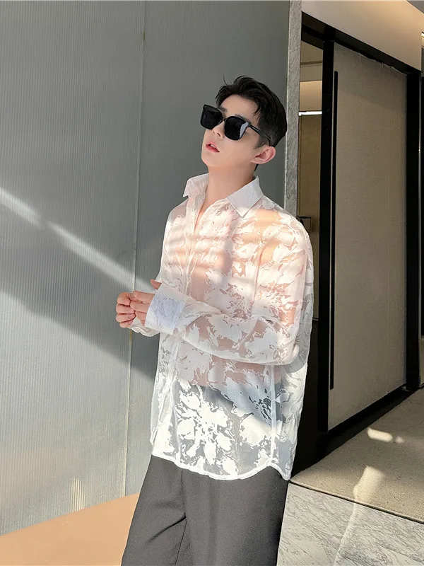 Summer New Loose Long Sleeve Men's Shirt Transparent Mesh Design Casual Fashionable Sun Protection Clothes Breathable Youthful
