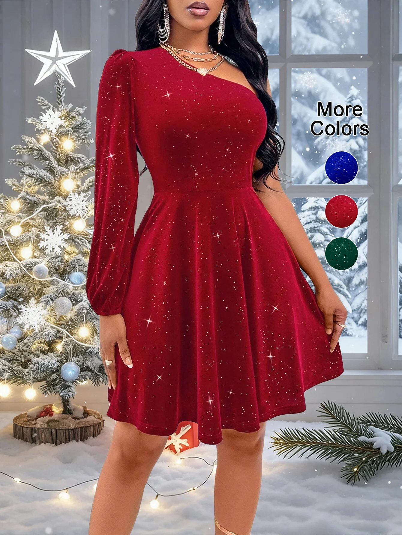 Elegantes One-Shoulder-Samt kleid mit Pailletten verzierungen, langen Ärmeln, kurzer Länge, Polyester und Spandex-Mischung