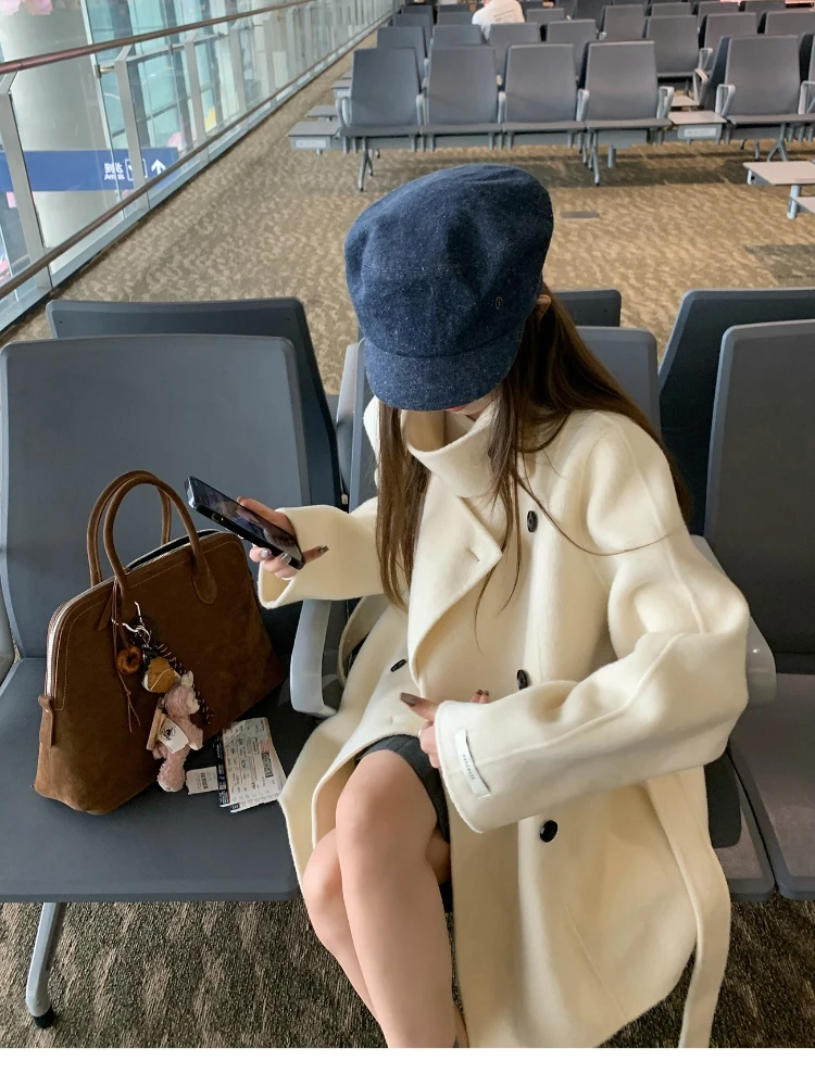 

Winter French Elegant Casual Solid Wool Overcoat Women Fashion O-neck Wide Shoulder Long Sleeve Coat Office Lady Chic Outerwear