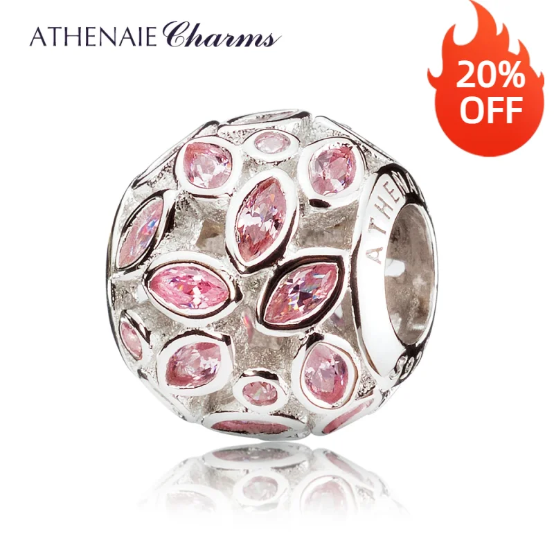 ATHENAIE 925 Sterling Silver with Pink CZ Sparkling Leaves Charm Beads Color Pink Gift for Birthday, Anniversary, Mother's Day