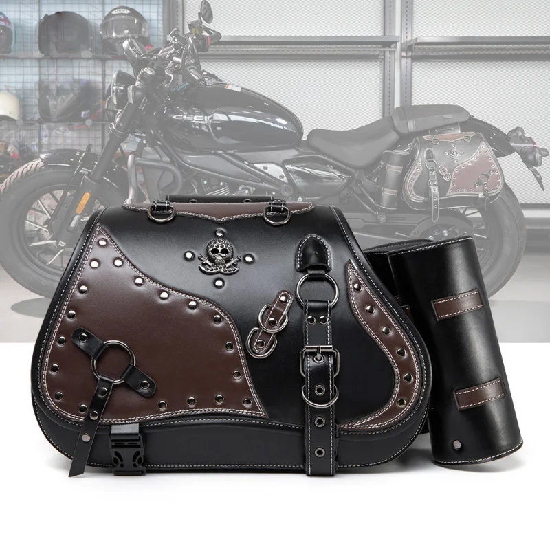 Universal Retro Motorcycle Saddlebag Throwover Saddlebags XL883 PU Leather with Cup Side Gear Bag