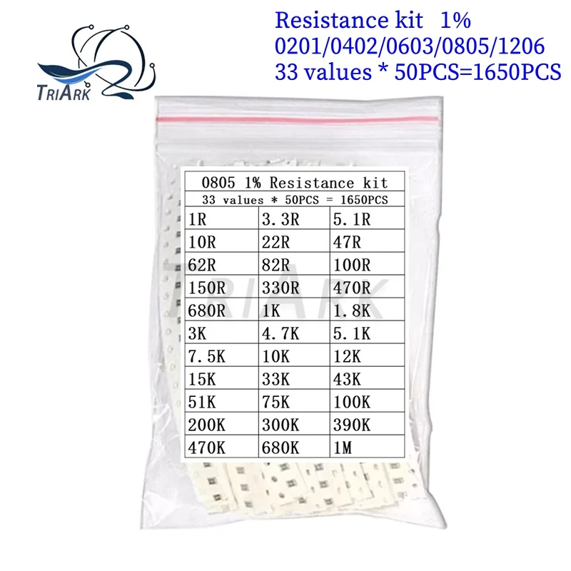 

1650pcs 33values X 50pcs 1206 0805 0603 0402 0201 SMD Resistor Sample Assorted Kit 1R Ohm-1M ohm 1%