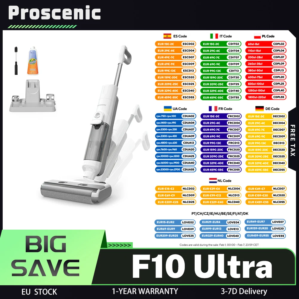 Proscenic F10 Ultra 3-in-1 Kabelloser Staubsauger, Nass &amp; Trocken, 60 Min. Laufzeit, Selbstreinigend &amp; 3 Modi, 1,3L Doppel-Wassertank, LED