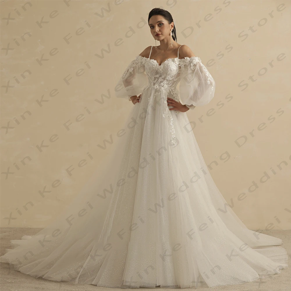 Ivory-Vestidos De novia elegantes para mujer, Apliques De encaje De princesa De línea A, Mangas De linterna desmontables, Vestidos De novia