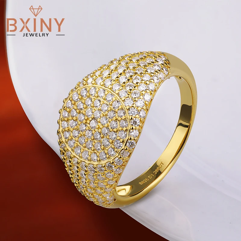 BXINY Luxury All Over Paved Moissanite Rings Solid S925 Silver for Women Full Pave Shiny Diamonds Signet Band Fine Jewelry Gifts