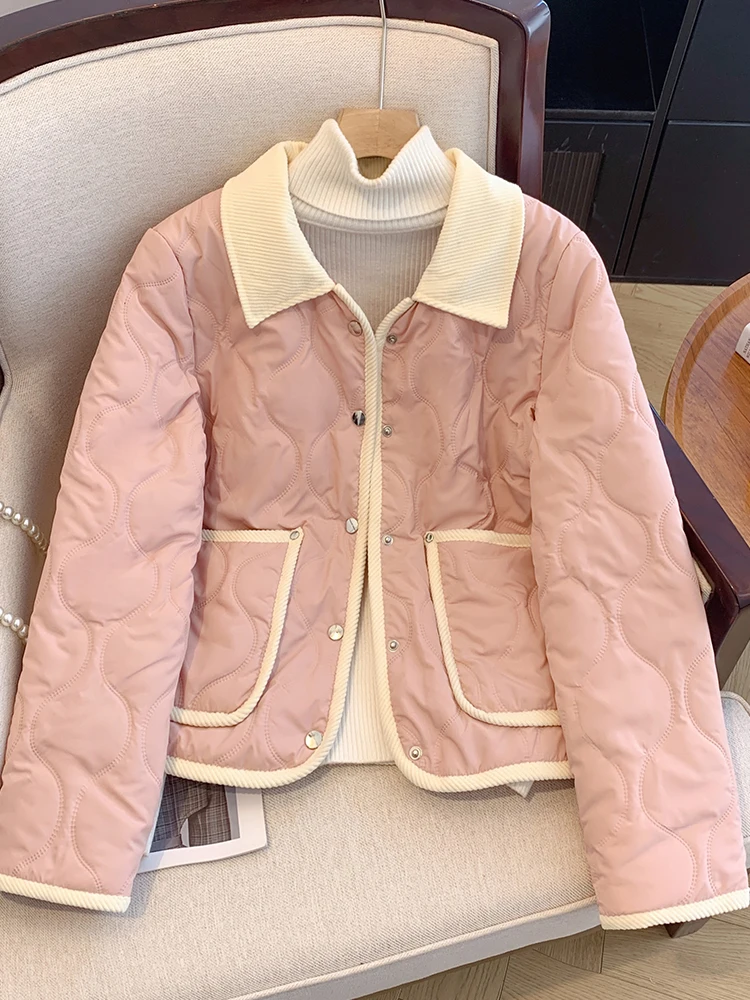 سترة قطنية خفيفة الوزن مبطنة قصيرة الطول بياقة مقلوبة للنساء معطف خريفي وشتوي بنقشة الدب ملابس خارجية قصيرة