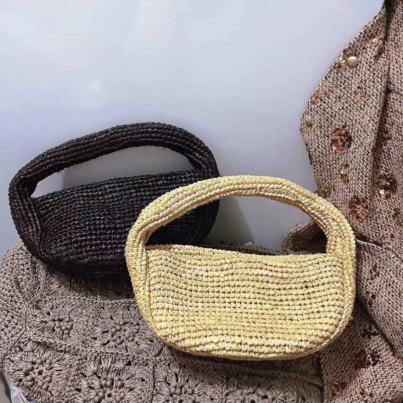 

Semicircle Handwoven Straw Tote Bag Lightweight Summer Beach Bag Women Portable Crescent-shaped Casual Vacation Woven Handbag