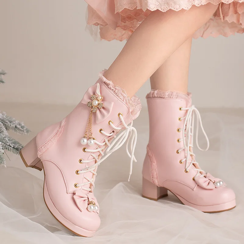 Fashion Bowknot Girls Lolita Boots Pearl Ruffles Women Platform Chunky Heel Ankle Boots Girls Princess Cosplay Party Shoes 28-43