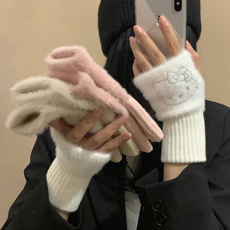 1Pair Kawaii Anime Sanrio Hello Kitty Gloves Girls Hot Stamping Bow Half Finger Gloves Cold Resistant Warm Sweet Knitted Gloves