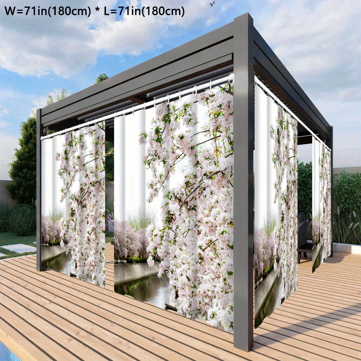 Jit-Approved 1 Pc Outdoor Curtain: Modern Floral Design withWhite Cherry Blossoms, Suitable for Patio, Corridor, and Terrace.Ava