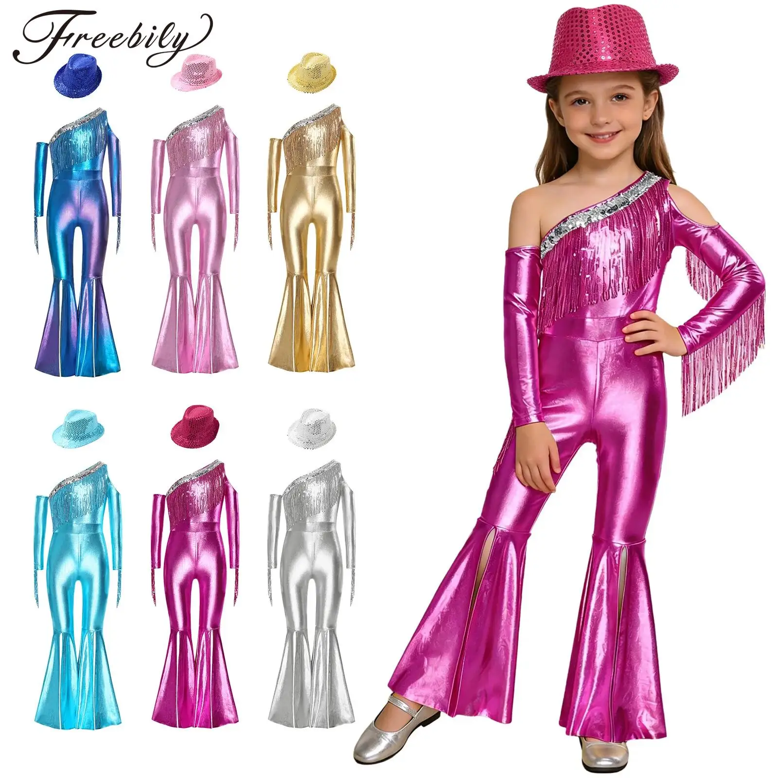 Traje de baile latino para niños, peleles de fiesta para niñas, trajes de discoteca de vaquera con lentejuelas de los años 70, mono metálico con borlas Hippie + sombrero Fedora