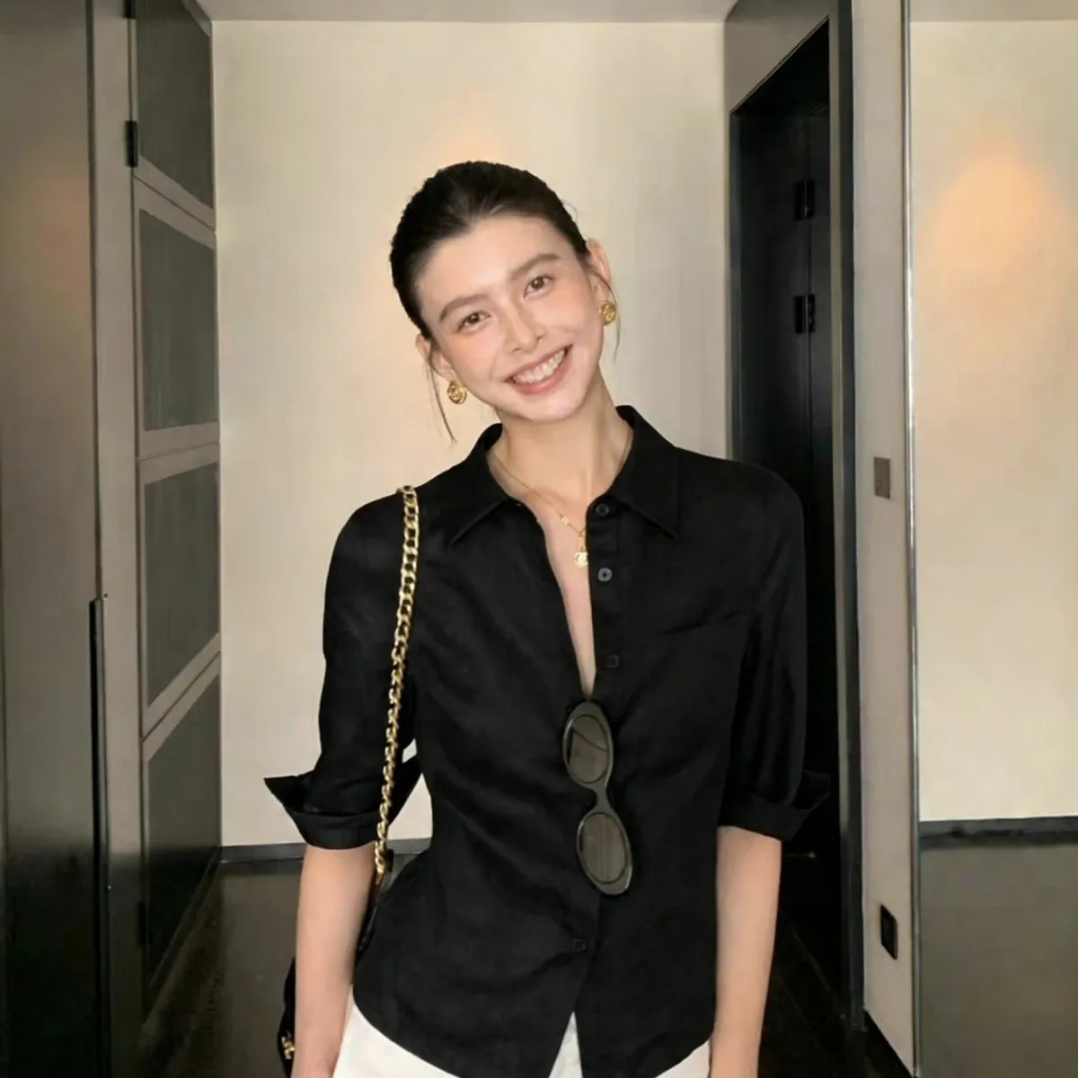 Elegant Collar mid Sleeve Shirt Women's Slim Fit Waist Cinched Spring Autumn New Style Casual Fashion Polyester Shirt