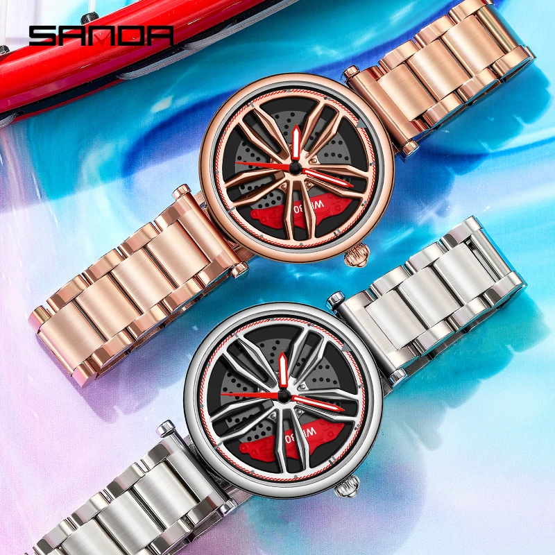 SANDA-reloj deportivo de acero inoxidable para mujer, cronógrafo de pulsera con llanta de coche, resistente al agua hasta 50M, nuevo diseño, 1074