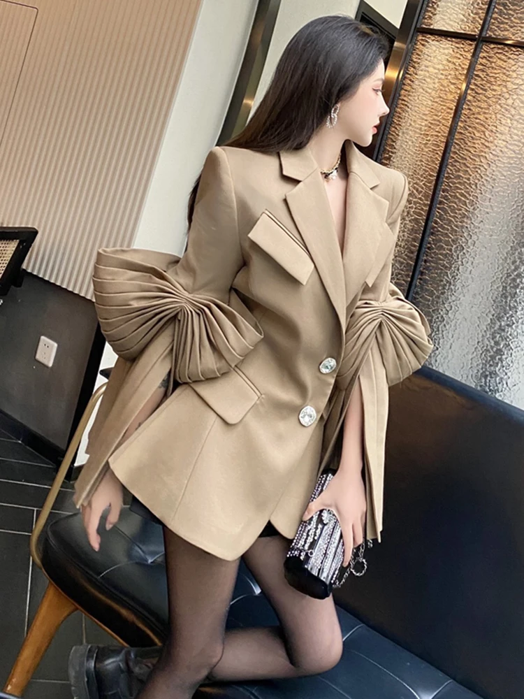 VGH High Street Plain Blazers For Women Notched Long Sleeve Single Breasted Patchwork Folds Coats Female 2022 Spring Clothes New