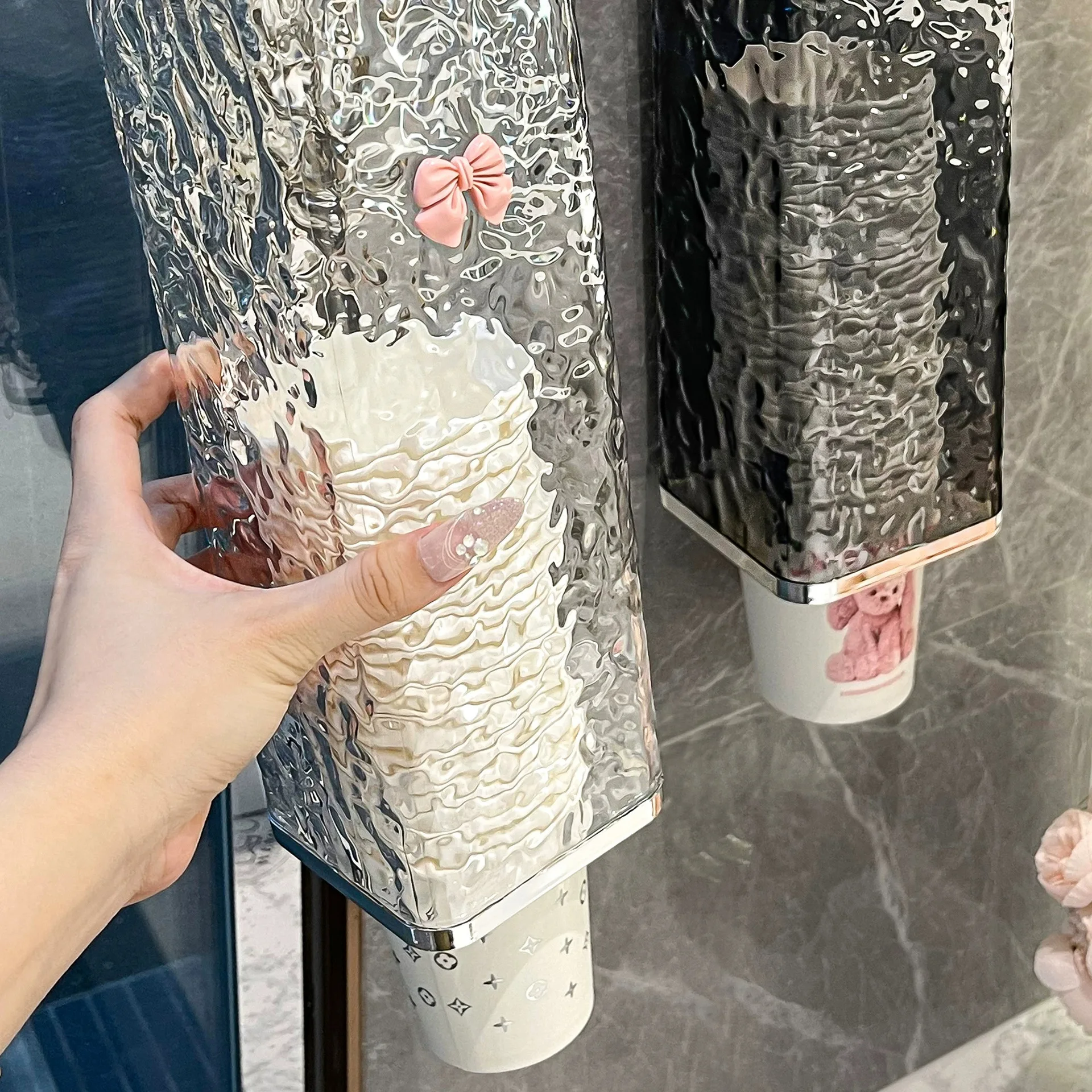 Paper Cup Dispenser Glacier Textured Cup Holder Wall-Mounted Kitchen Automatic Cups Dispenser Dustproof Paper Cups Storage Rack