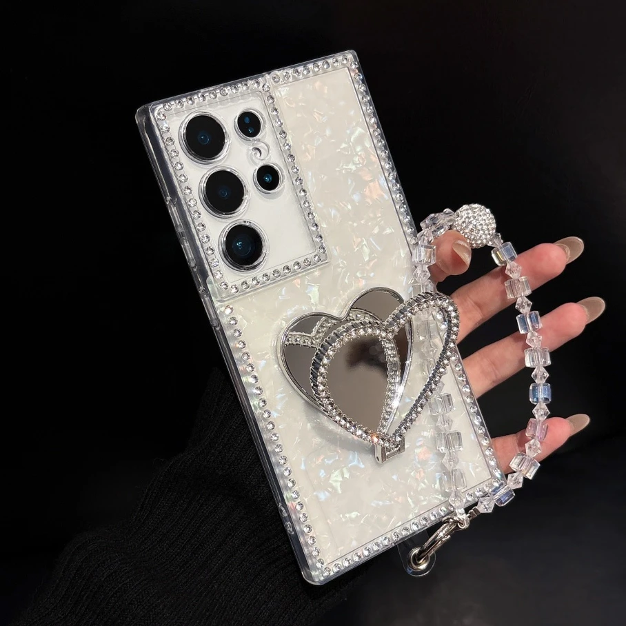 Glitzer Herz-Spiegel Armband-Hülle für Samsung Galaxy S26 S25 Ultra S24 S22 Plus S23 FE A55 A16 A54 A35 A15 Halterungs-Cover