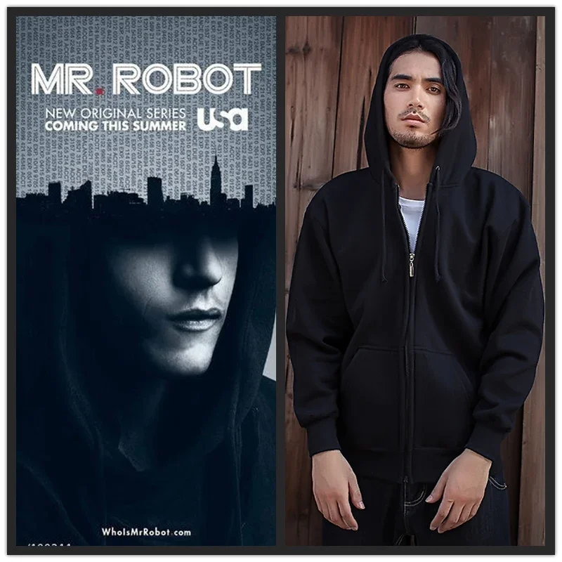 Disfraces de Cosplay de Mr.Robot, chaqueta negra con capucha del ejército de Hackers, Rami Malek, el mismo estilo