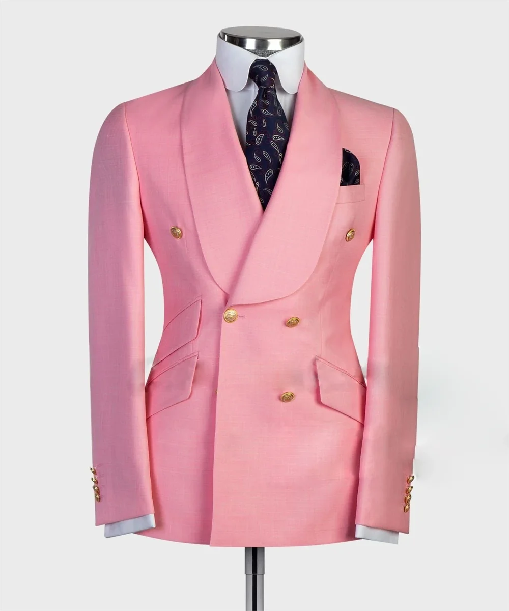 2024 Fashion Pink New Men\'s Casual Boutique Slim Double Breasted Solid Color Business Wedding Suit Blazers Dress Jacket Coat