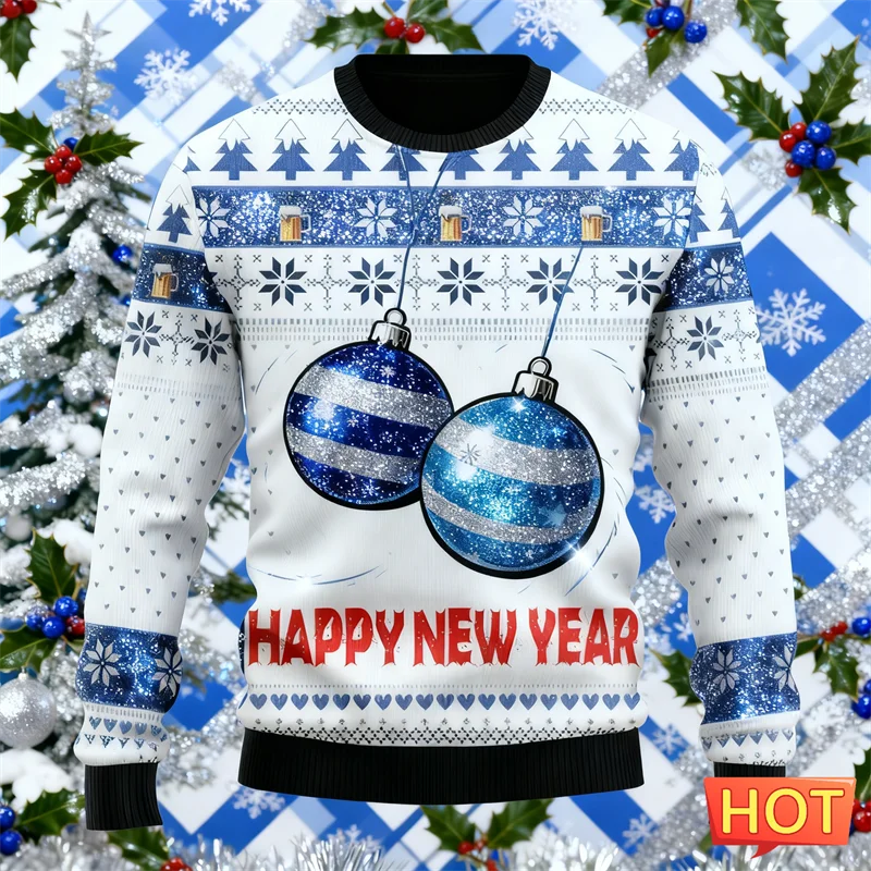 

Fashion Happy New Year Letters Christmas Sweatshirt Simple Trendy Long Sleeve 3D Printed Xmas Ugly Hoodies Casual Oversized Tops