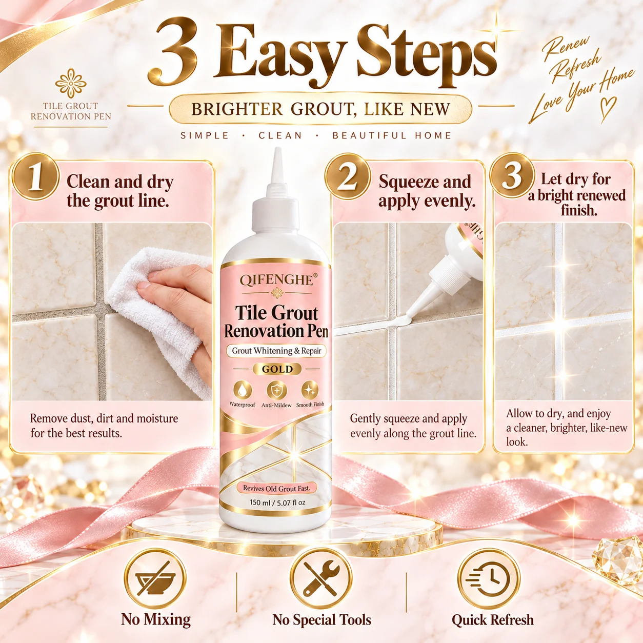 Tile Grout Pen Whitening Repair Waterproof Anti Mildew Quick Dry Easy Apply for Kitchen Bathroom Floor