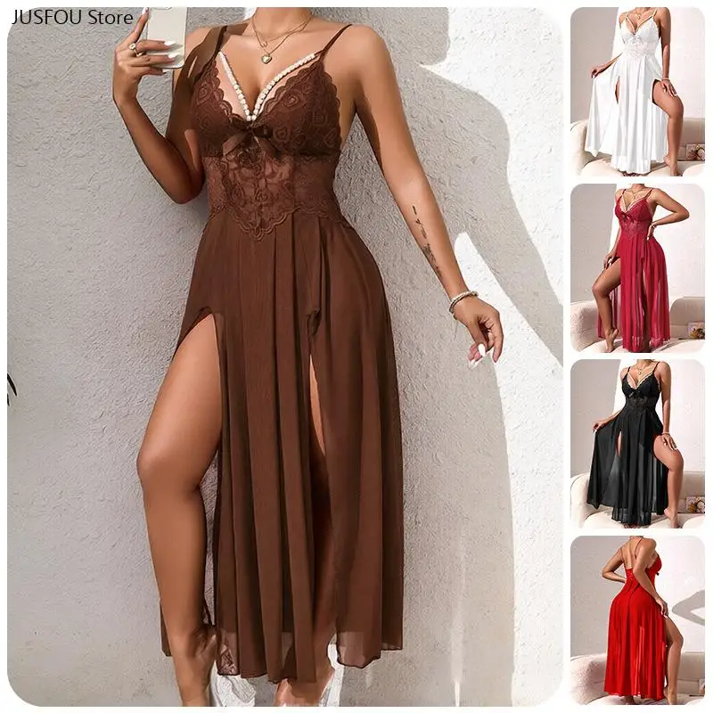 Women Long Slip Nightgown, European American Style Pearl Embroidery Lace Mesh Lingerie Dress, Double High Slit Sexy Sleeveless