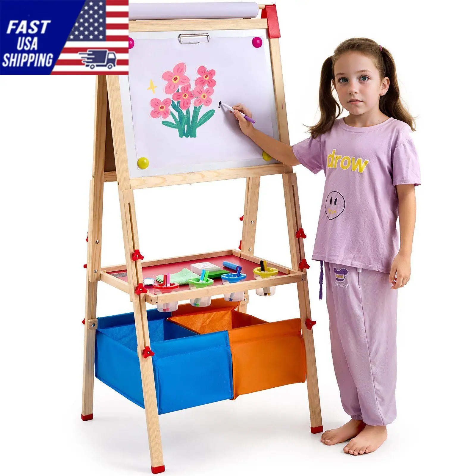 3-in-1 Kids Art Easel Double-Sided Wooden Magnetic Whiteboard Chalkboard