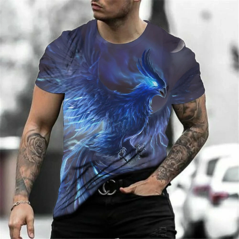 Summer Fashion Men\'s Short Sleeve Phoenix Print T-shirt Street Personality Hip Hop Harajuku O-Neck Plus Size Top