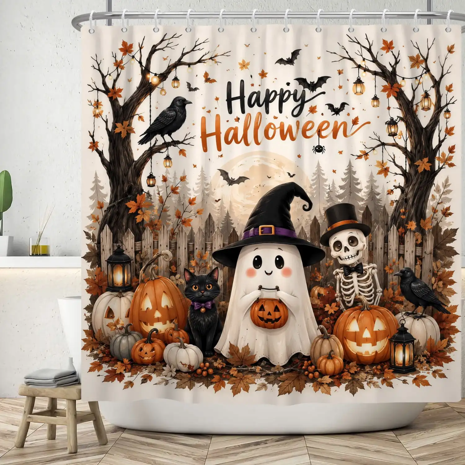Happy Halloween Ghost Shower Curtain Pumpkins with Skeleton Fabric Bathroom Curtains Decor with Hooks 47x64 in