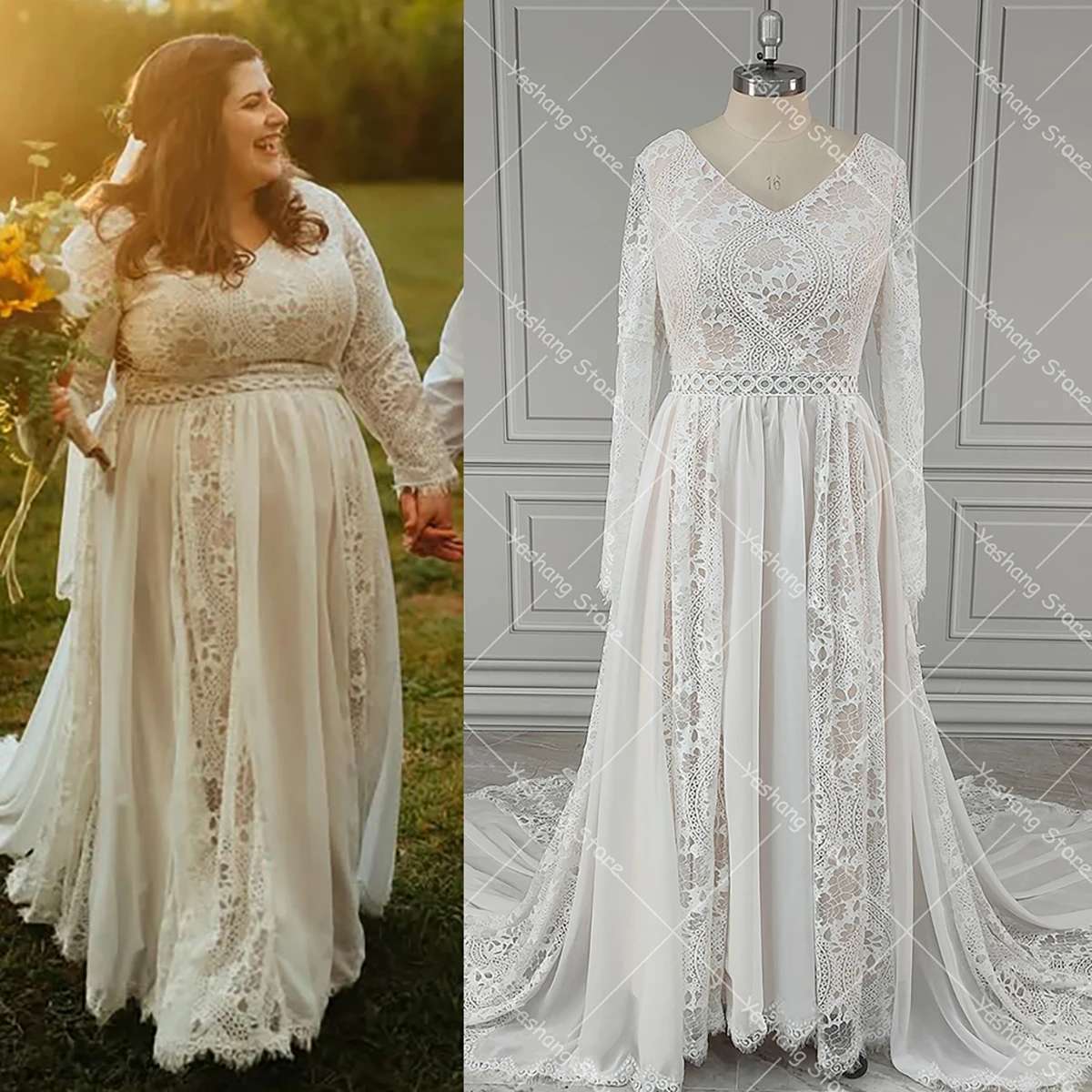Overweight Plus Size Boho Wedding Dress Long Fitted Sleeves Lace Chiffon Customized Armpit Cutouts Real Photos Bridal Gowns