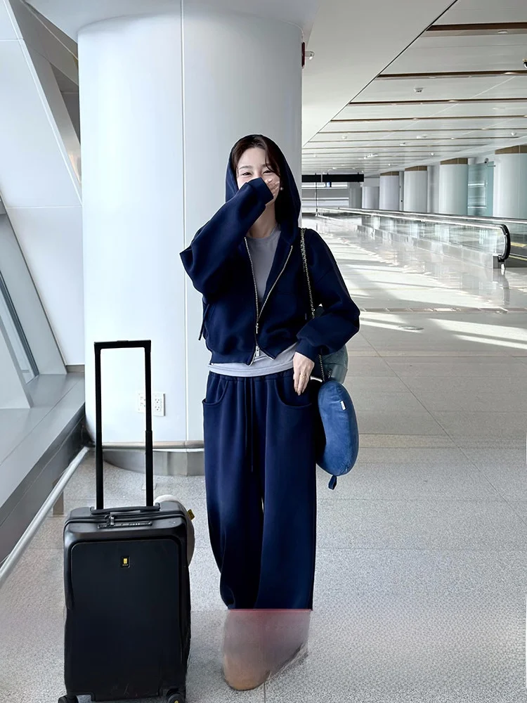 

ARE Guagua Korean Style Casual Commuter Hooded Set Women Spring Drawstring Loose Slimming Two Piece Set Long Sleeve Cardigan