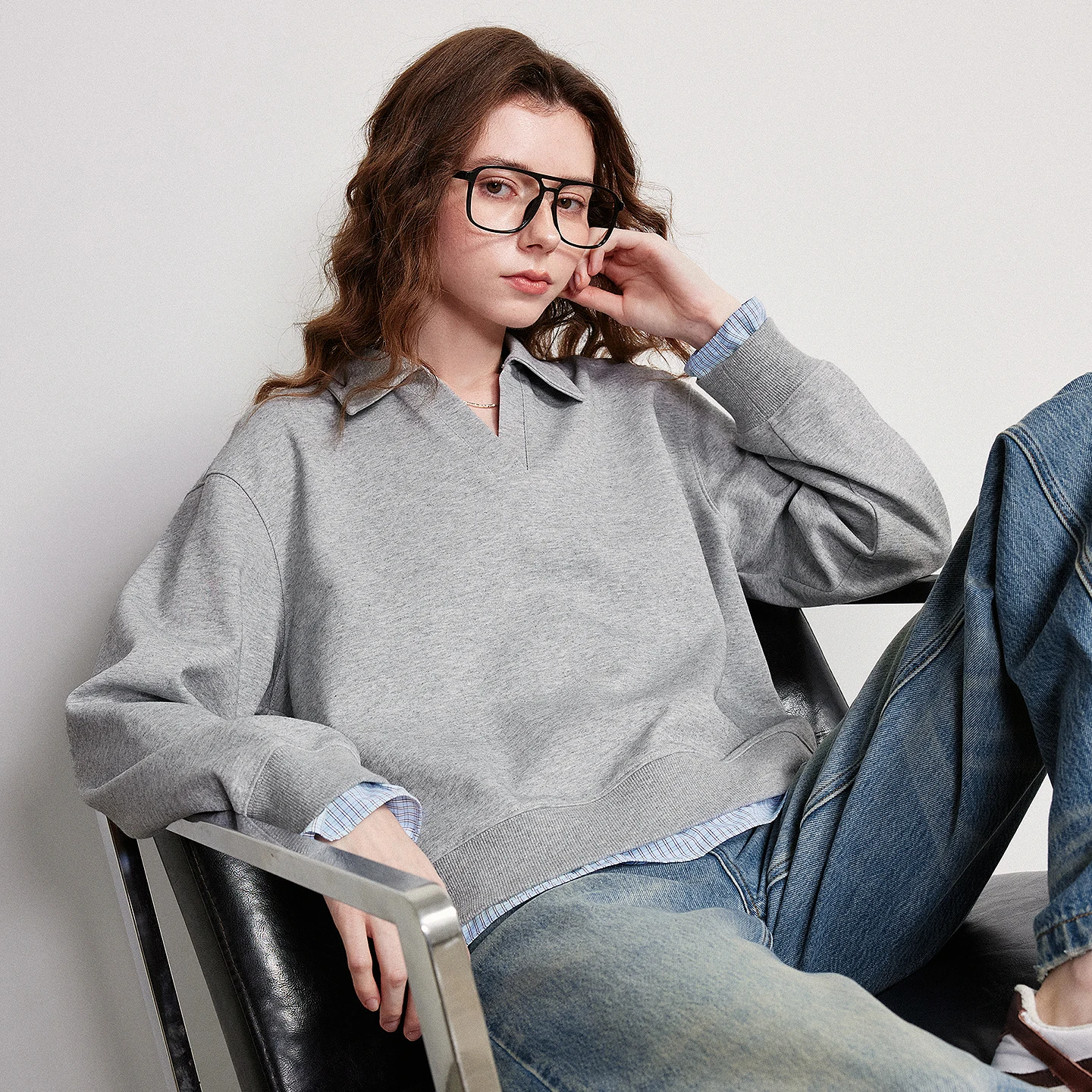 TOYOUTH Women Heavyweight Cotton Sweatshirt 2026 Spring New Patchwork Plaid Fake Two-Piece Collar Loose Gray Top