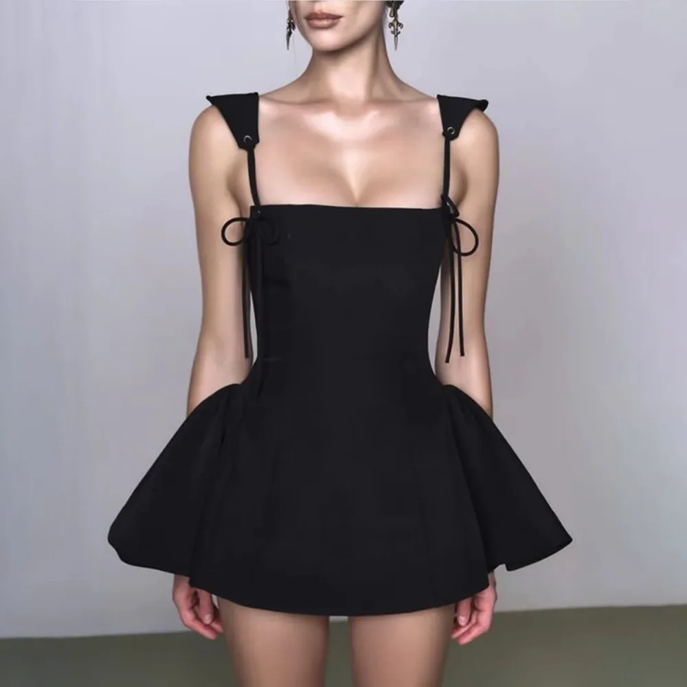 2025 New Women Sexy Spaghetti Straps Black Mini Ball Gown Dress Low Waist Lacing Up Back Party Skater Dresses Summer Robe