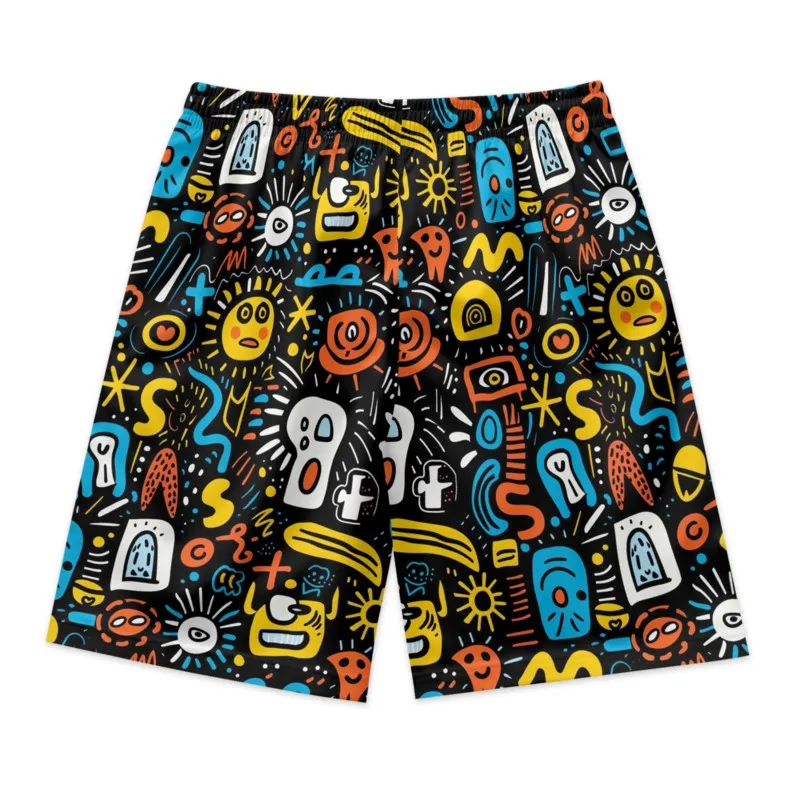 Colorful Graffiti Print Men's Drawstring Waist Shorts Quick Dry Polyester Breathable Beach Shorts Casual Sport Shorts