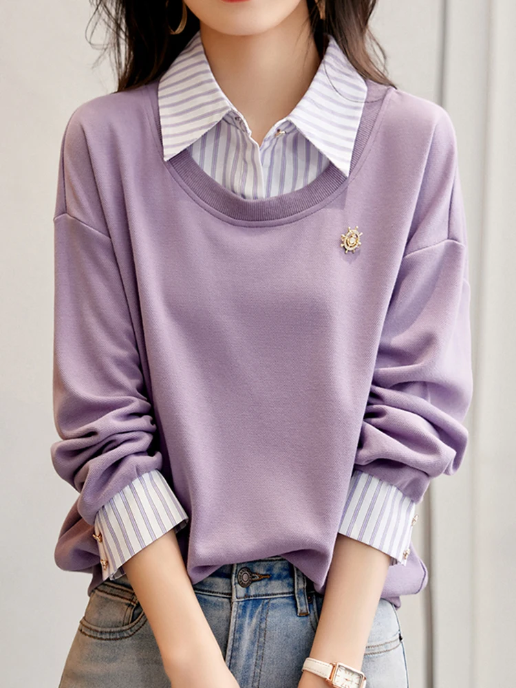 Fake Two Piece Shirts Sweatshirts Long Sleeve Korean Fashion Women Pullovers 2025 New Spring Autumn Loose Casual Jumper Female