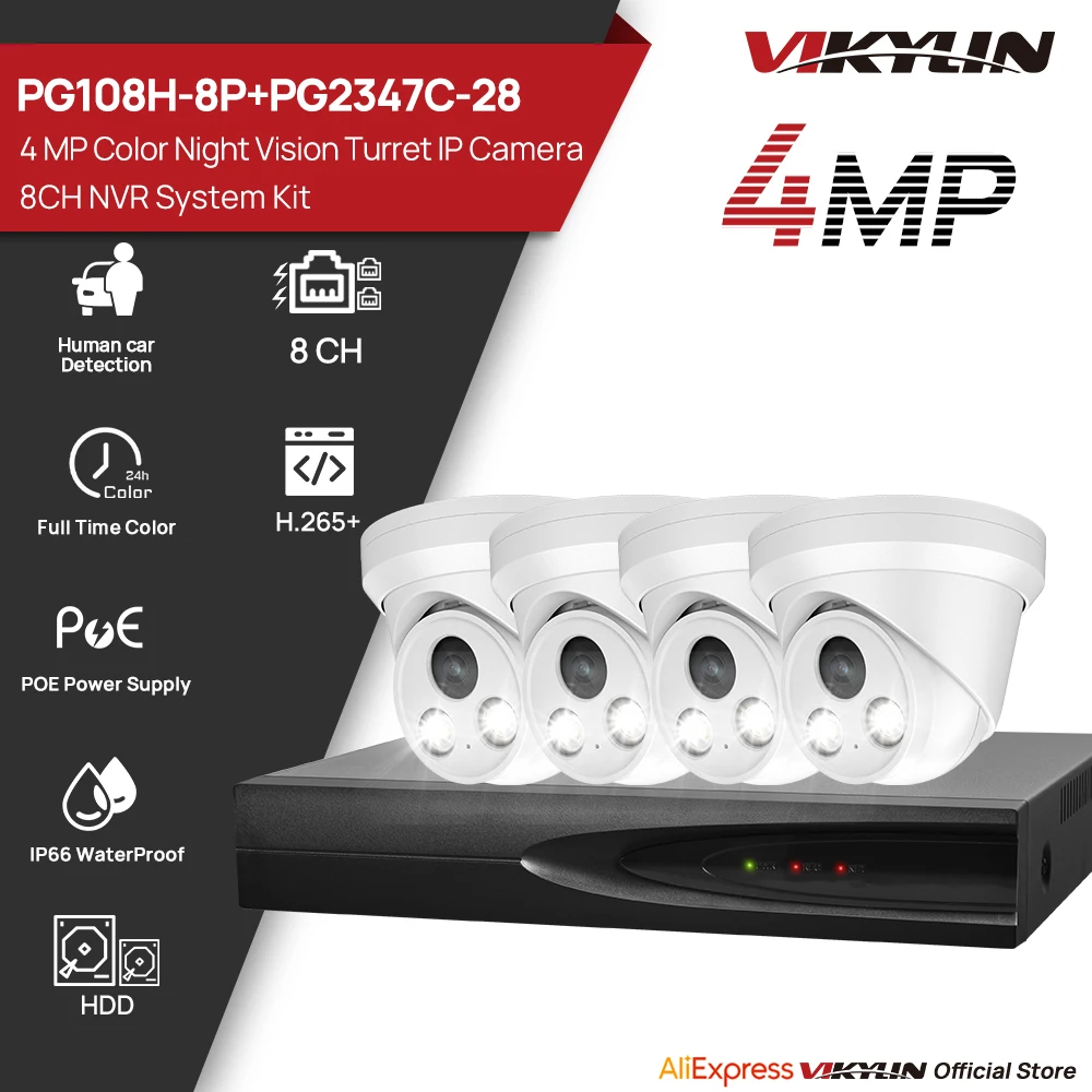 

VIKYLIN 4K POE Video Surveillance System 8CH NVR With 4MP Security Cameras CCTV Kit Audio Recording Ip camera One-way Audio HDD