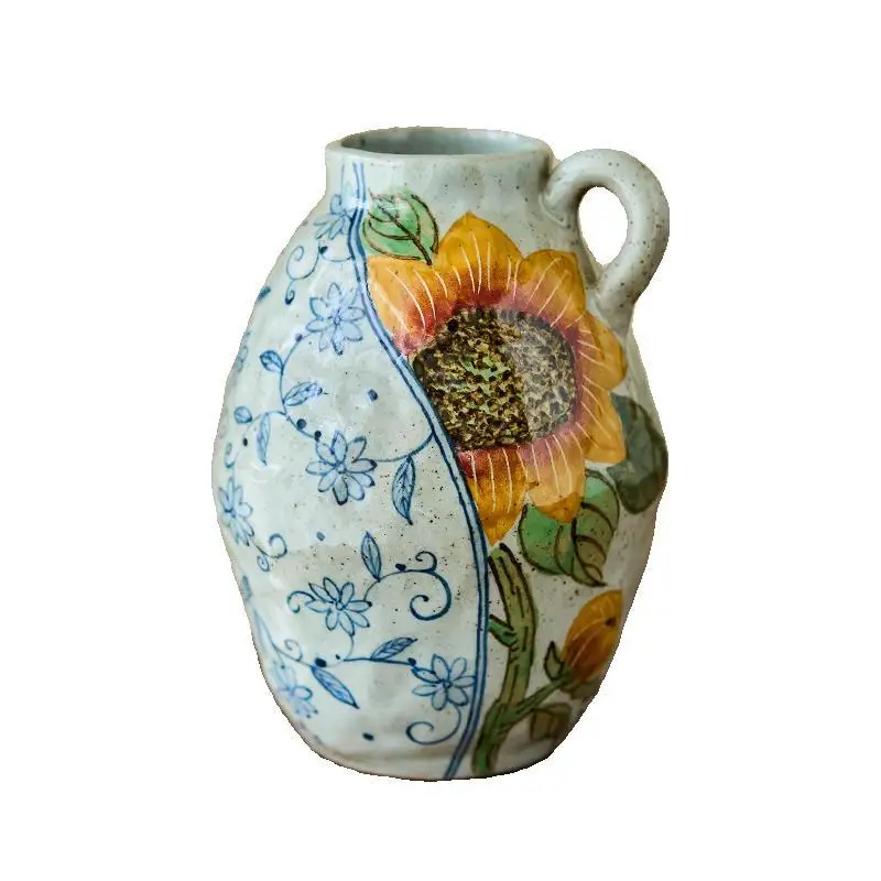 

Original blue and white underglaze creative hand-painted iris, sunflower, hydrangea coarse pottery vase