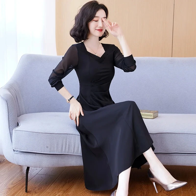 

Элегантное шифоновое платье макси с квадратным вырезом, женское, с длинным рукавом, для весны и осени, стройнящее, стильное